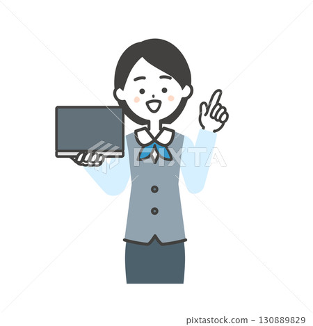 圖解:一位女士身穿圍巾制服,身穿背心,手裡拿著一台筆記型電腦 圖解:一位女士身穿圍巾制服,身穿背心,手裡拿著一台筆記型電腦 130889829
