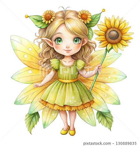 Cute girl with sunflowers in the morning clipart watercolor white background  130889835