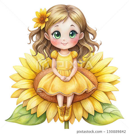 Cute girl with sunflowers in the morning clipart watercolor white background  130889842