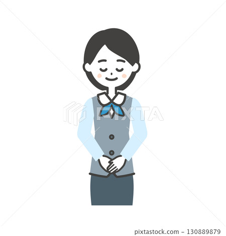 Illustration of a woman in a uniform with a scarf and a gilet, with her hands clasped in front 130889879