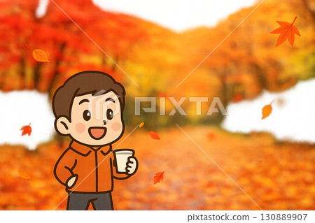 秋季插畫:一個微型男性角色拿著一個紙杯,站在一排秋葉前 秋季插畫:一個微型男性角色拿著一個紙杯,站在一排秋葉前 130889907