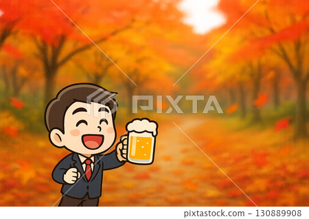 秋季插畫：一位微型男性角色手捧杯子，站在鋪滿秋葉的小路上 130889908