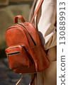 A beautiful fair-skinned model with long, dark hair is photographed from the back, showcasing a sophisticated brown leather backpack and a timeless beige trench coat. 130889913