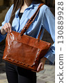 A professional close-up shot of a model showcasing a refined brown leather tote bag with unique braided handles and a decorative front pocket 130889928