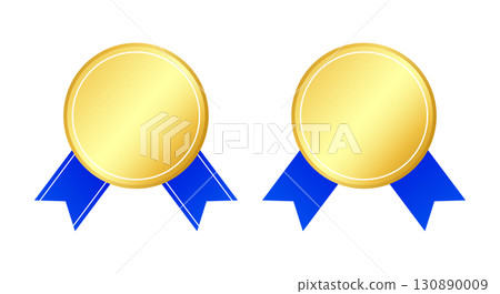 豪華金牌和藍絲帶向量插圖集 豪華金牌和藍絲帶向量插圖集 130890009