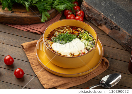 Okroshka soup with kvass and vegetables 130890022