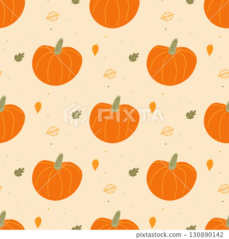 Vector seamless cozy autumn pattern with pumpkins and leaves. Seamless pattern for fabric, textiles, clothing, wrapping paper, cover, banner, home decor, abstract background. Vector seamless cozy autumn pattern with pumpkins and leaves. Seamless pattern for fabric, textiles, clothing, wrapping paper, cover, banner, home decor, abstract background. 130890142