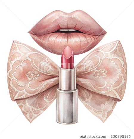 Delicate watercolor artwork of a lipstick with a translucent crystal-like bow clipart watercolor white background  130890155