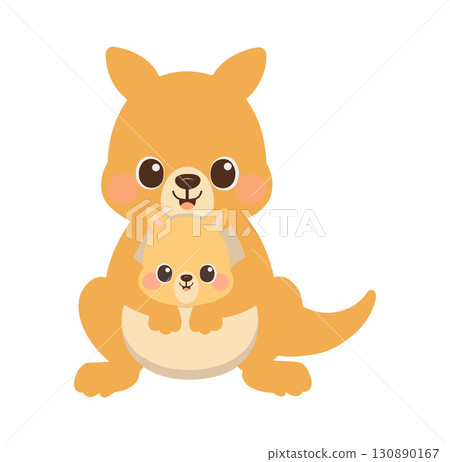 Cartoon Illustration of Kangaroo with Joey 130890167