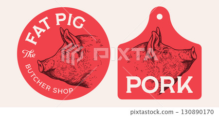 Pork, pig, hog, meat tag label. Template Meat Tag Label. Vintage print, tag, label farm pig sketch ink pencil style drawing. Butchery, pork pig farm, meat shop, text, typography. Vector Illustration 130890170
