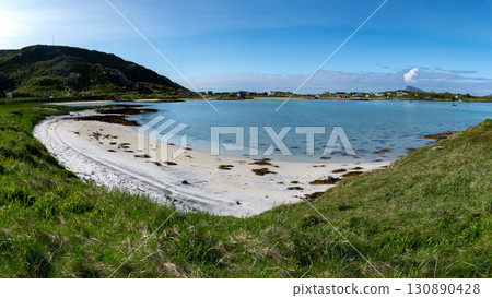 White Sand Beach And Calm Fjord At Sommaroy In Norway 130890428