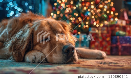 Cozy Golden Retriever Relaxing Indoors During Winter Season 130890541