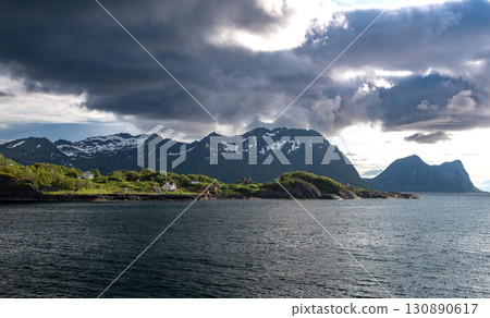 Village With Red Hut Cottages At The Coast In Hamn On Senja Island At Vesteralen In Norway 130890617
