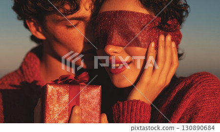 Romantic Christmas Surprise Gift for Girlfriend on a Sunset Beach 130890684