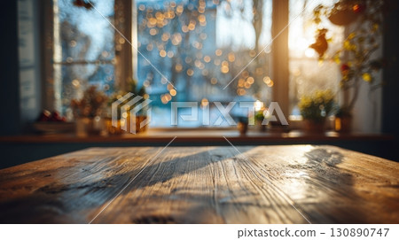 Festive Wooden Table with Blurred Background and Sunlight Effects 130890747