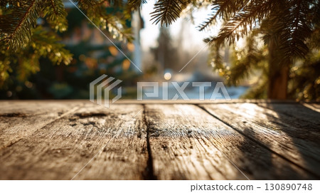 Festive Wooden Table with Upside Down Shot and Natural Background 130890748