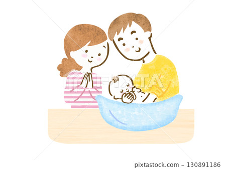 手繪插圖:一位母親站在父親旁邊,為嬰兒洗澡 手繪插圖:一位母親站在父親旁邊,為嬰兒洗澡 130891186