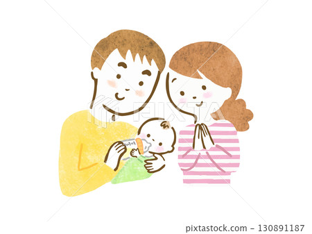 A hand-drawn illustration of a mother standing next to a father who is feeding a baby 130891187
