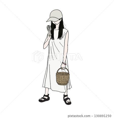 一位身穿連身裙的女士拿著移動風扇對著臉抵禦酷暑（彩色） 130891250