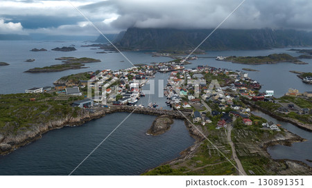 Aerial View Of Henningsvaer City And Coast On Lofoten Islands In Norway 130891351