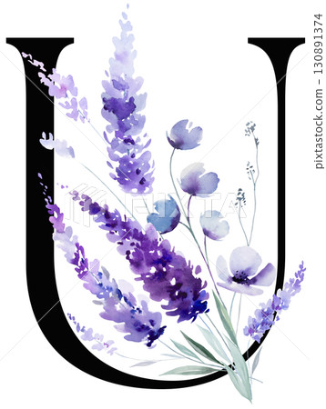 Black letter U with watercolor purple lavender flowers, summer floral wedding isolated monogram 130891374