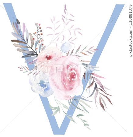 Letter V with Watercolor pastel tender flowers and leaves, isolated illustration, Baby shower element 130891379
