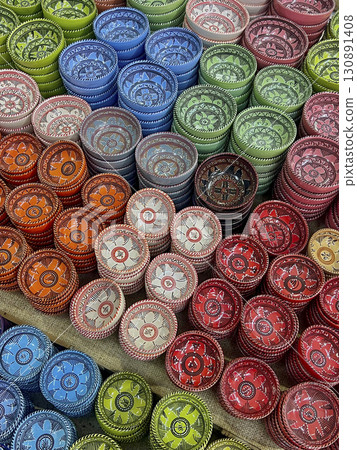 Beautiful traditional Tunisian ceramics displayed in Djerba showcasing vibrant colors and intricate 130891408