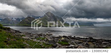 Coastal Landscape With Fjord On Lofoten Islands In Norway Coastal Landscape With Fjord On Lofoten Islands In Norway 130891442