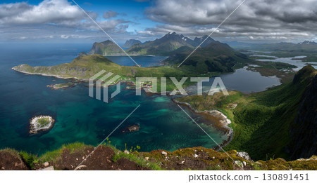 View From Offersoykammen Mountain Over Coastal Landscape On Lofoten Islands In Norway View From Offersoykammen Mountain Over Coastal Landscape On Lofoten Islands In Norway 130891451