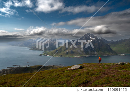 View From Offersoykammen Mountain Over Coastal Landscape On Lofoten Islands In Norway 130891453