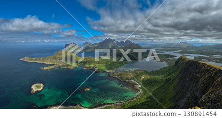 View From Offersoykammen Mountain Over Coastal Landscape On Lofoten Islands In Norway 130891454