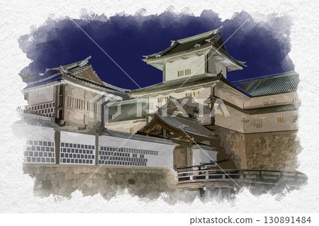 石川縣金澤市金澤城橋爪門的水彩畫 石川縣金澤市金澤城橋爪門的水彩畫 130891484