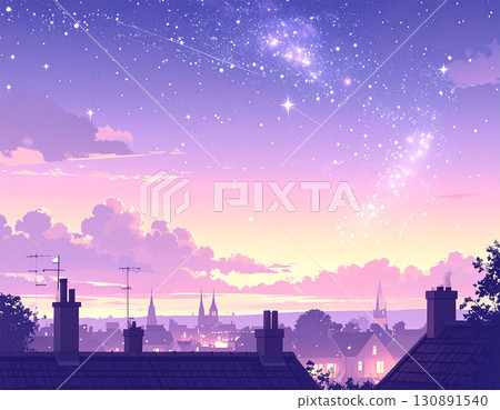 一幅描繪歐洲風格城鎮景觀的奇幻插圖，配上星空和柔和色調的黃昏天空 130891540