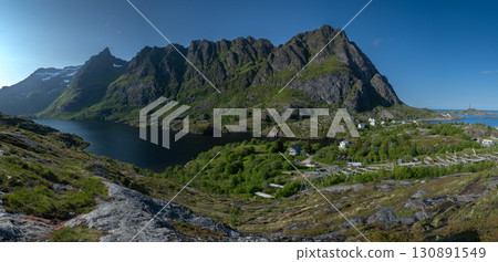 Lake Agvatnet In Village A I Lofoten At The End Of The Lofoten Islands In Norway Lake Agvatnet In Village A I Lofoten At The End Of The Lofoten Islands In Norway 130891549