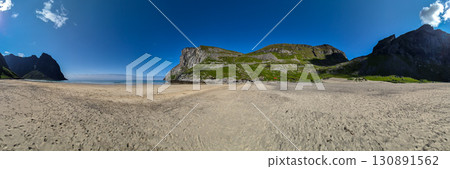 Kvalvika Sand Beach With Mountains And Ocean On Lofoten Islands In Norway Kvalvika Sand Beach With Mountains And Ocean On Lofoten Islands In Norway 130891562