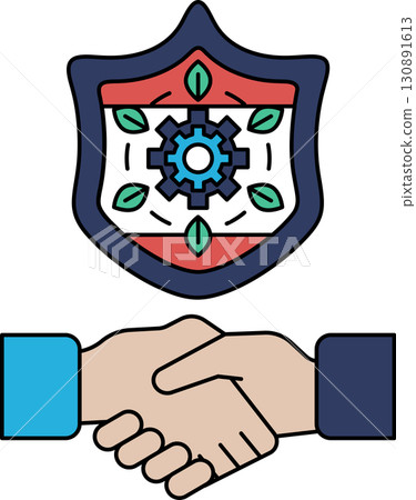 A black and white drawing of two hands shaking hands in front of a shield 130891613
