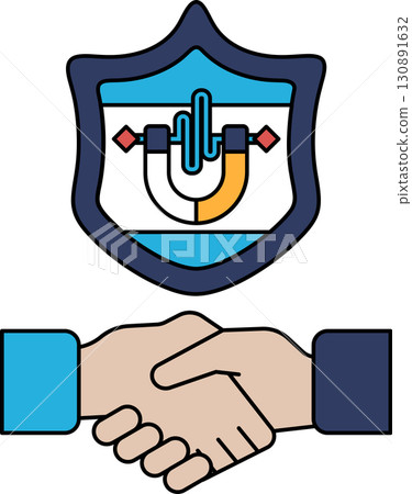 A handshake between two people is shown with a shield behind them 130891632