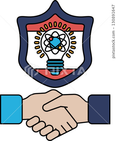 A black and white drawing of two hands shaking hands with a shield behind them 130891647