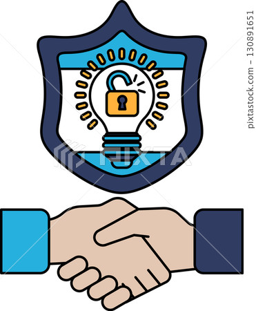 A handshake between two people is shown with a light bulb and a lock on a shield 130891651