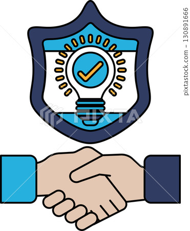 A shield with a light bulb on it and two hands shaking 130891666
