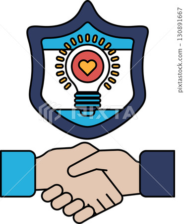 A black and white drawing of two hands shaking a shield with a light bulb on it A black and white drawing of two hands shaking a shield with a light bulb on it 130891667
