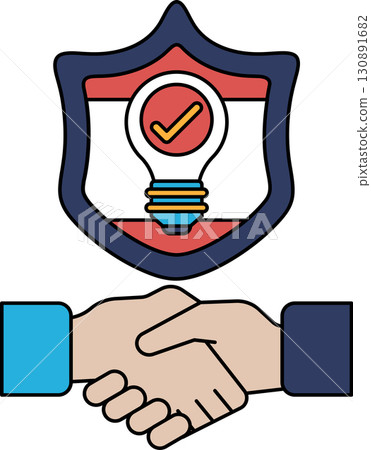 A shield with a light bulb on it and two hands shaking A shield with a light bulb on it and two hands shaking 130891682