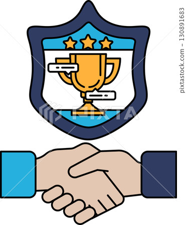 A shield with a trophy on it and two hands shaking 130891683