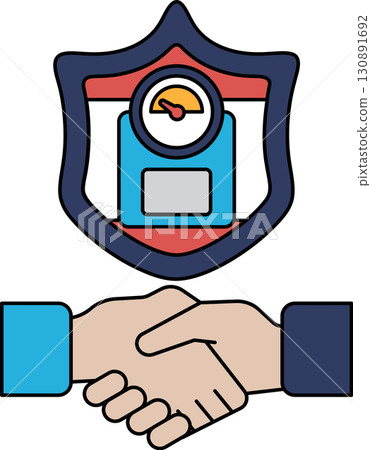 A black and white drawing of two hands shaking hands in front of a scale 130891692