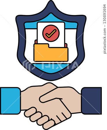 A shield with a check mark on it and a handshake symbol 130891694