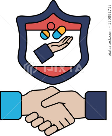 A black and white image of two hands shaking with a shield behind them 130891715