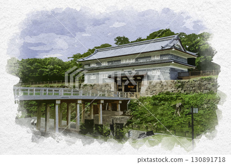 Watercolor painting of Kanazawa Castle's Nezumi-Tamon Gate, Kanazawa City, Ishikawa Prefecture 130891718