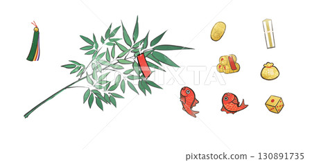 Illustration material: Hand-drawn style lucky charm of Toka Ebisu, lucky bamboo set 130891735