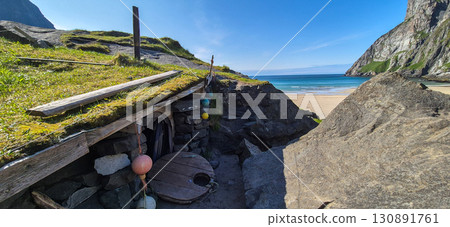 Hobbit Hut Shelter From Surfers On Kvalvika Beach On Lofoten Islands In Norway 130891761