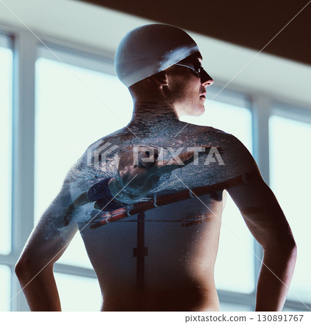 Male swimmer portrait in white cap with overlay of freestyle stroke inside torso silhouette 130891767